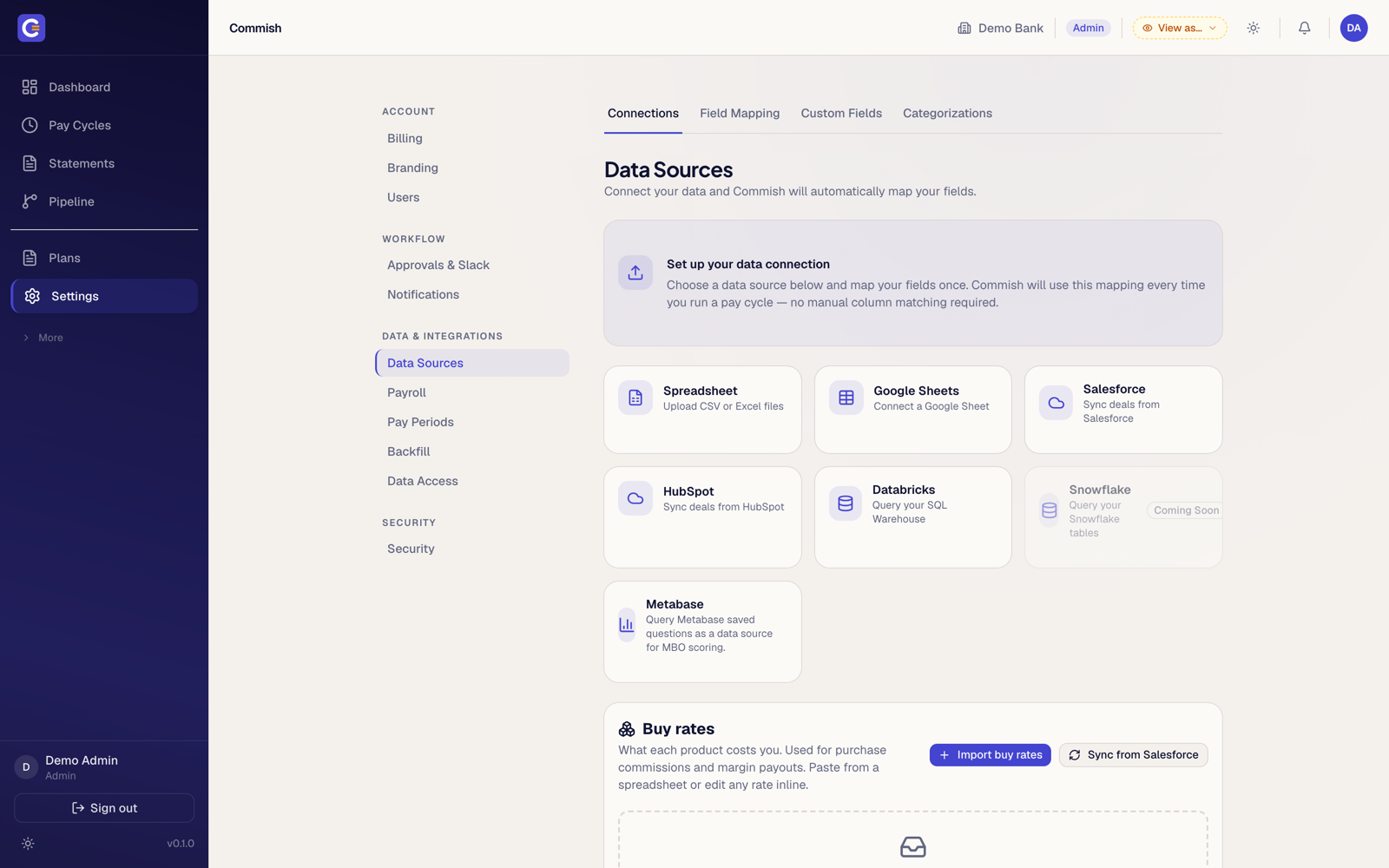 The Commish data sources screen: Salesforce, HubSpot, spreadsheets, Google Sheets, Databricks and more as connection tiles